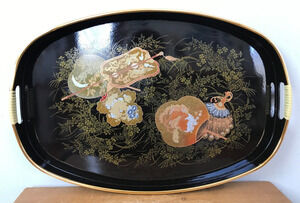 Vintage Toyo Japanese Lacquerware Style Black Gold Decorative Serving Tray 19x12